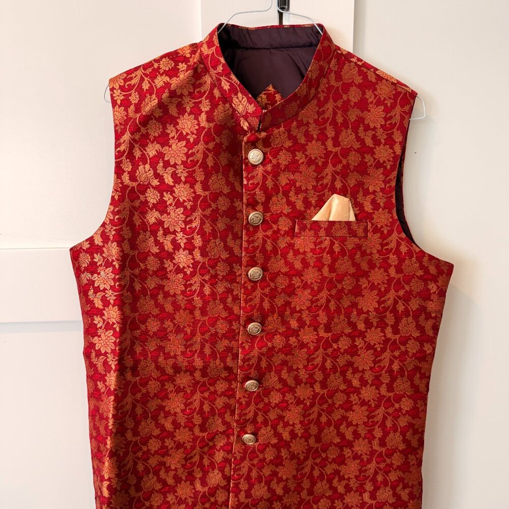 Red/Gold Men's Kurta Vest - Nehru/Bandi Jacket (L/XL)